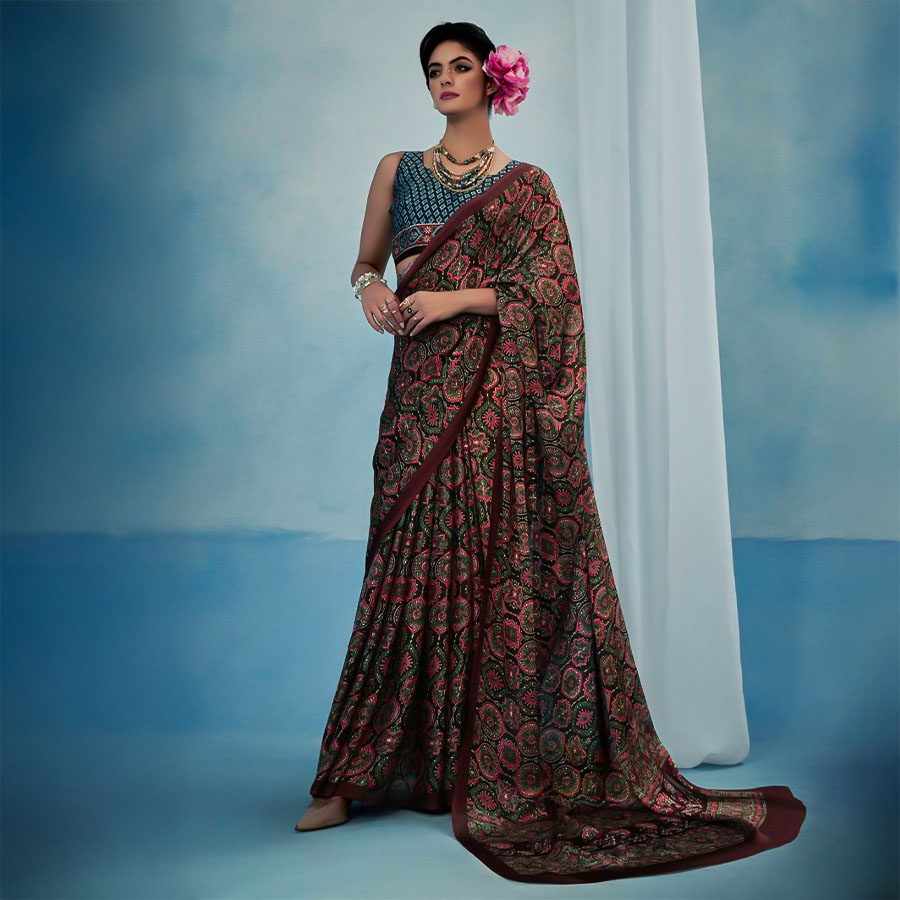 Green  Satin Georgette Printed Saree