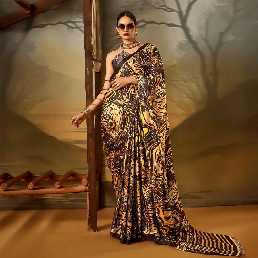 Golden  Satin Crepe Printed Saree