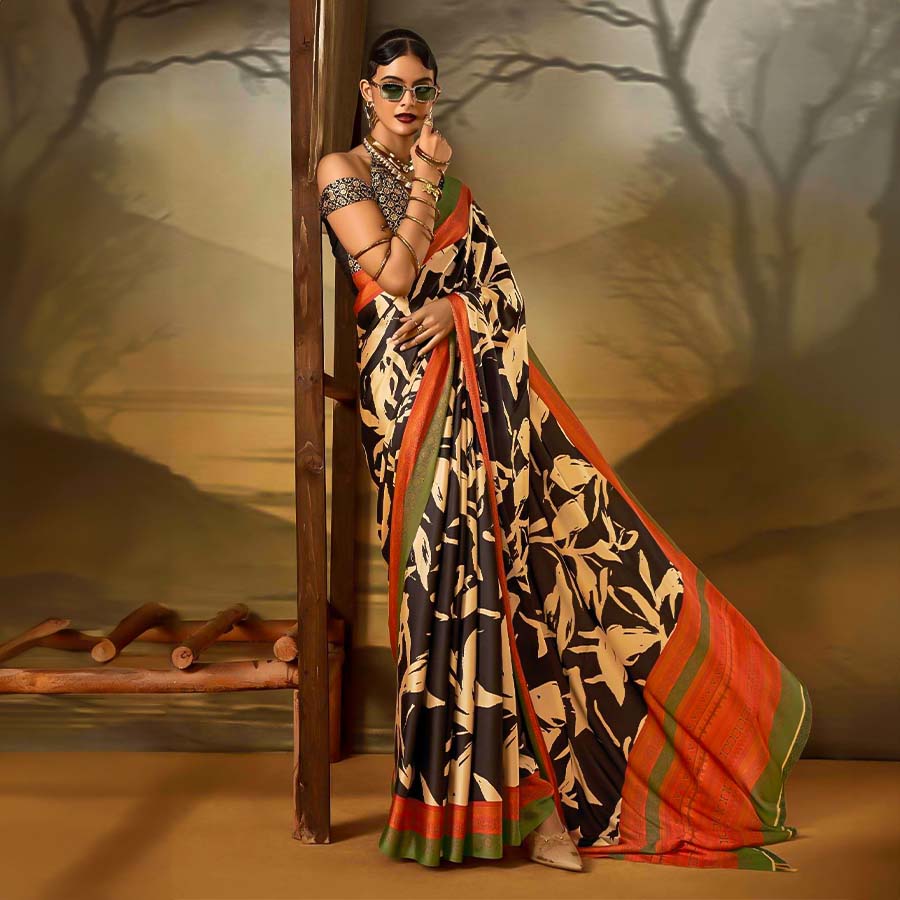 Golden  Satin Crepe Printed Saree