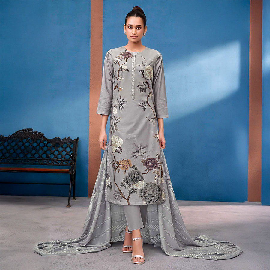 Grey  Cotton Lawn Casual Wear Salwar Kameez