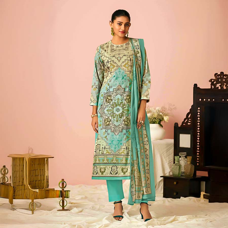 Cyan Lawn Cotton Casual Wear Salwar Kameez