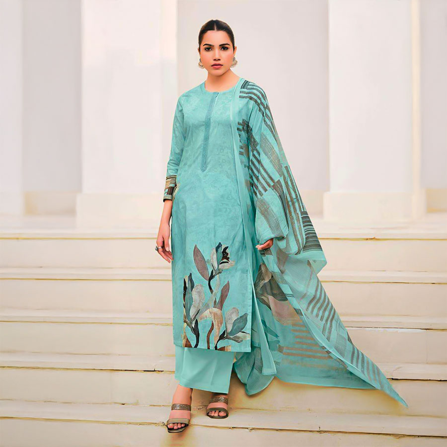 Cyan Lawn Cotton Casual Wear Salwar Kameez