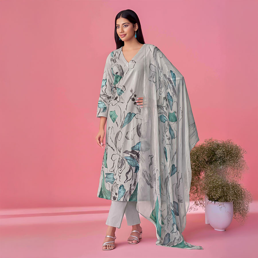Grey Cotton Lawn Casual Wear Salwar Kameez