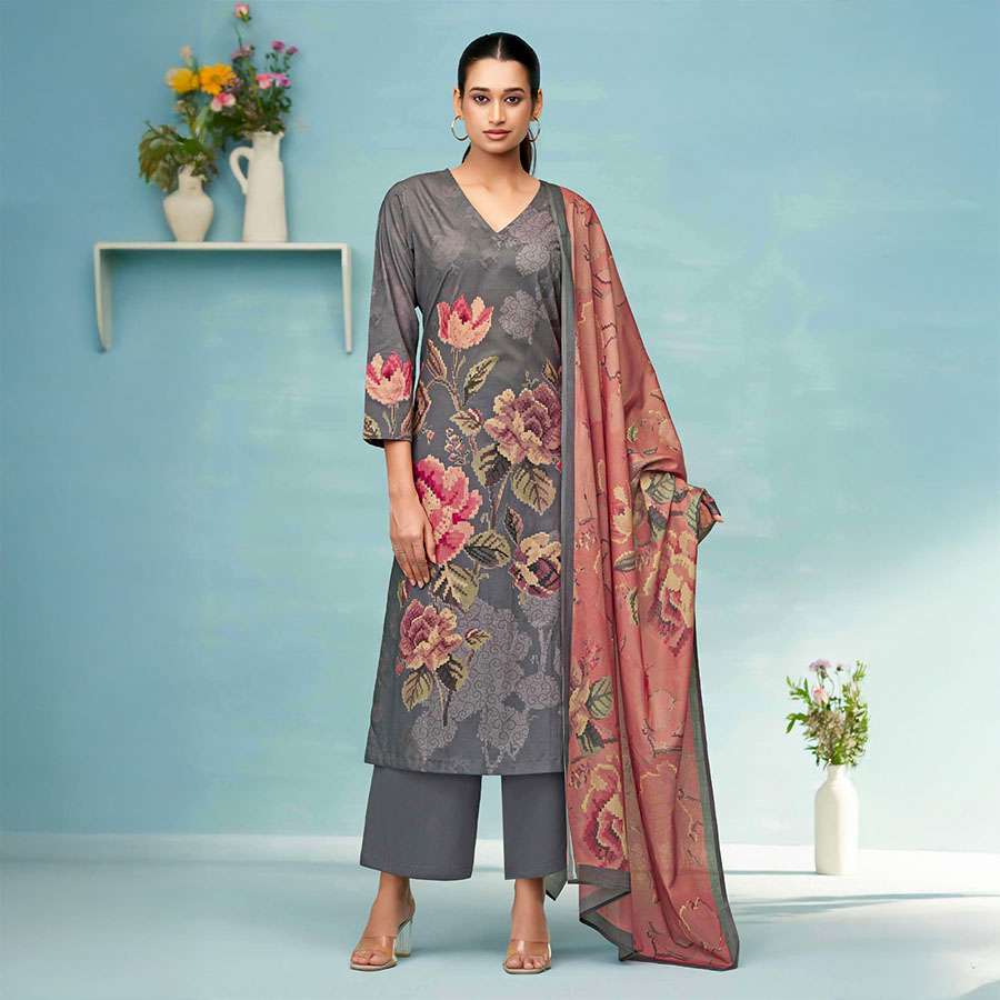 Grey  Cotton Lawn Casual Wear Salwar Kameez