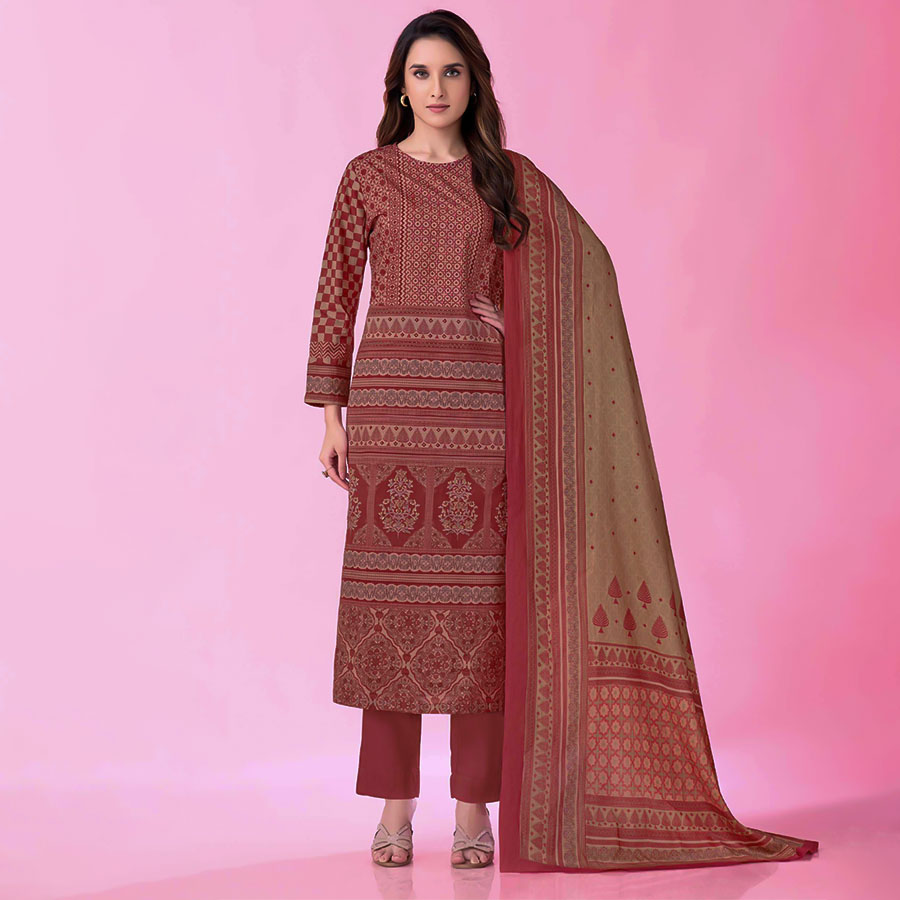 Red Cotton Lawn Casual Wear Salwar Kameez