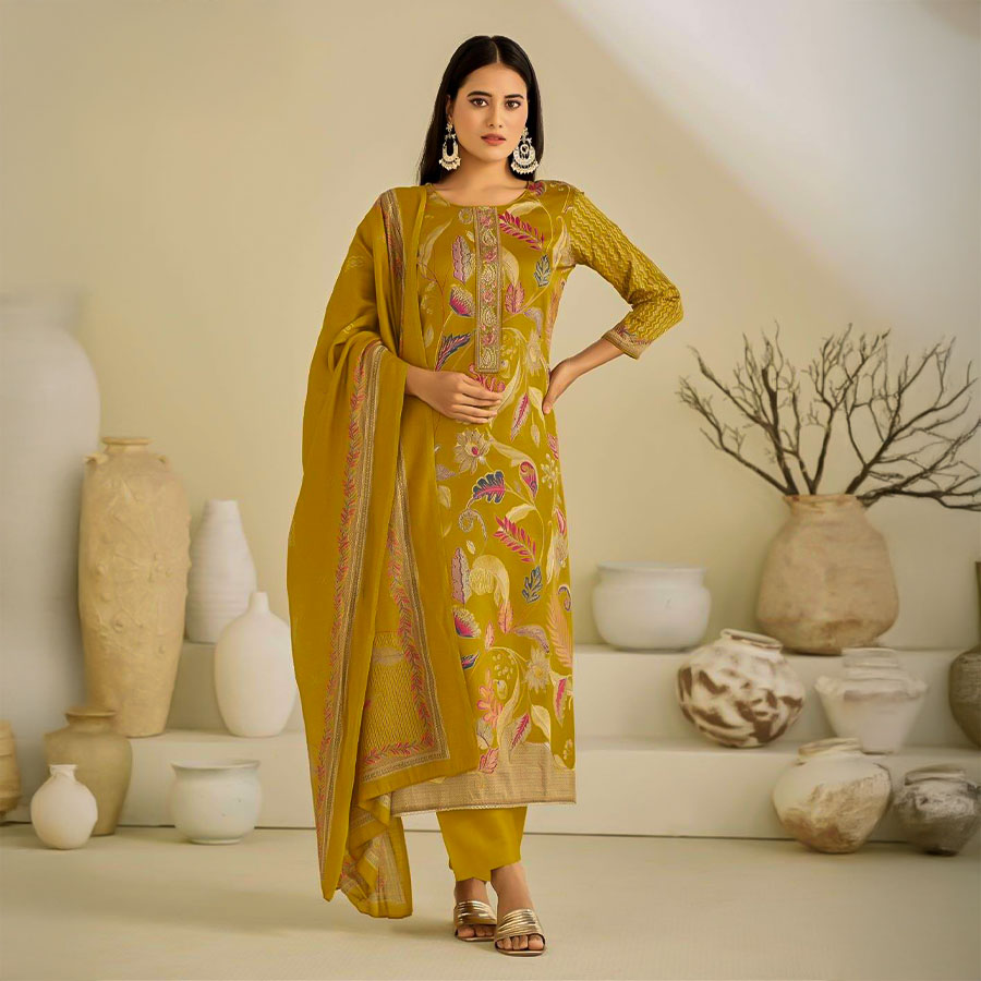 Yellow Jam Satin Casual Wear Salwar Kameez
