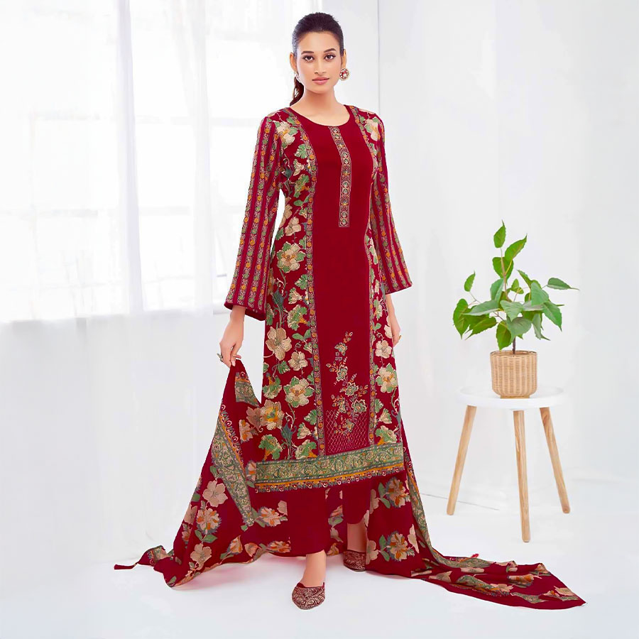 Red  Jam Satin Casual Wear Salwar Kameez