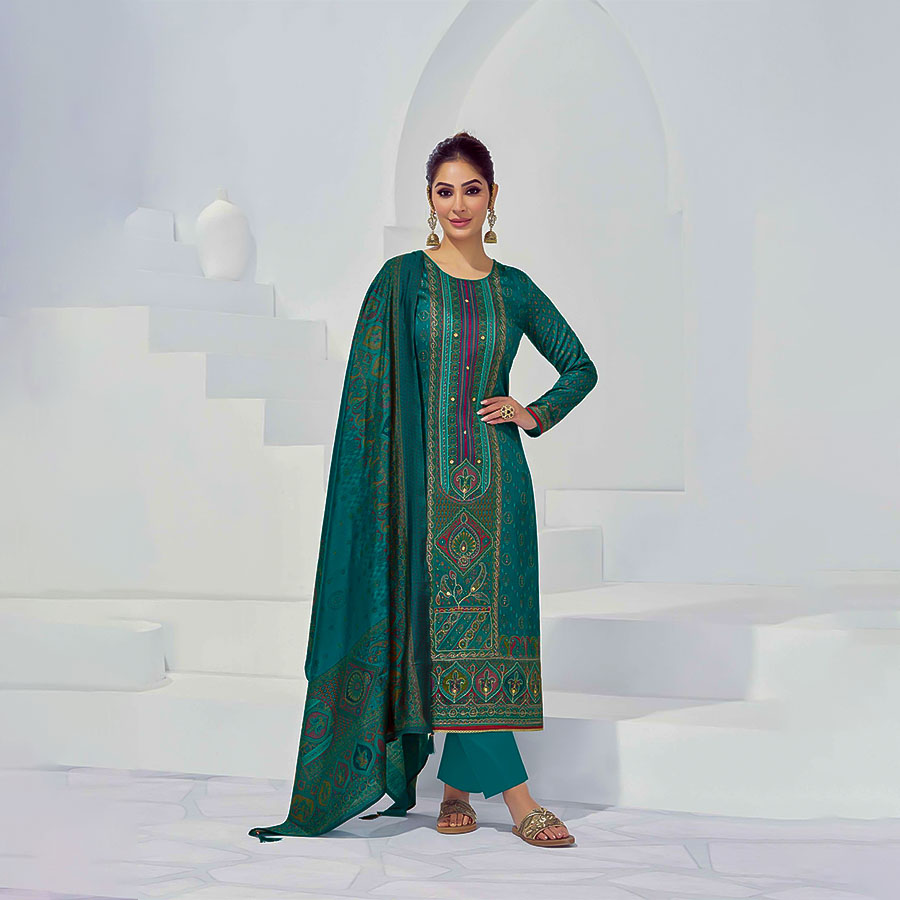 Cyan Jam Satin Casual Wear Salwar Kameez