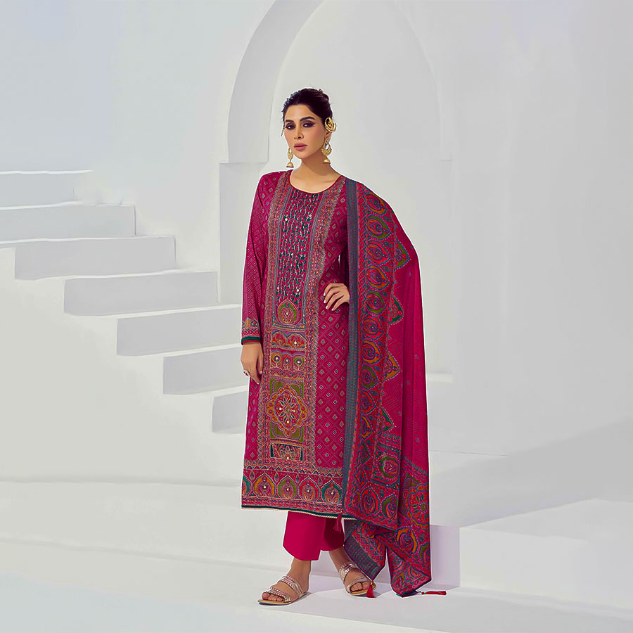 Red Jam Satin Casual Wear Salwar Kameez