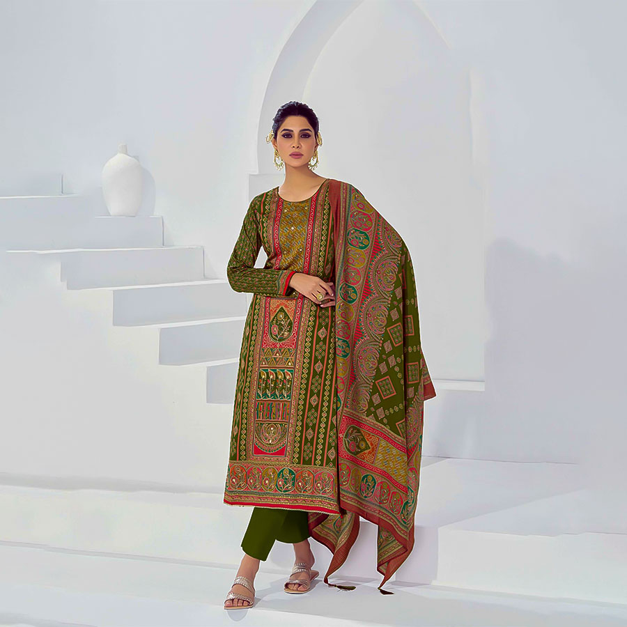 Green Jam Satin Casual Wear Salwar Kameez