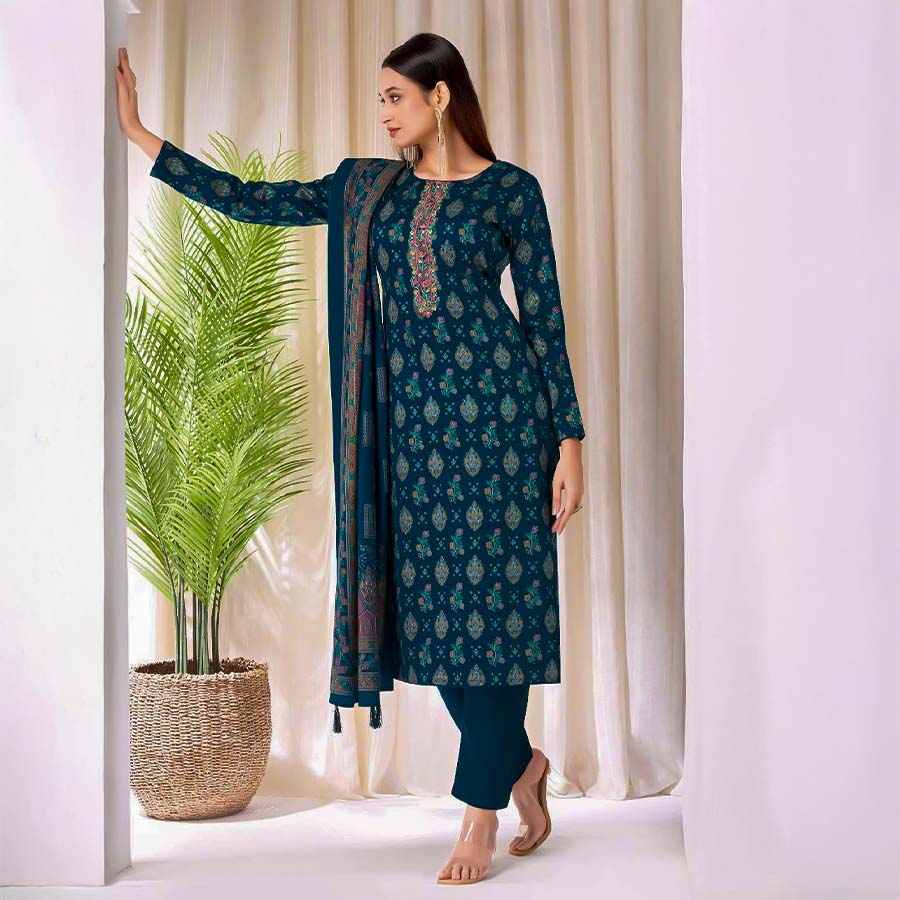 Blue Jam Satin Casual Wear Salwar Kameez