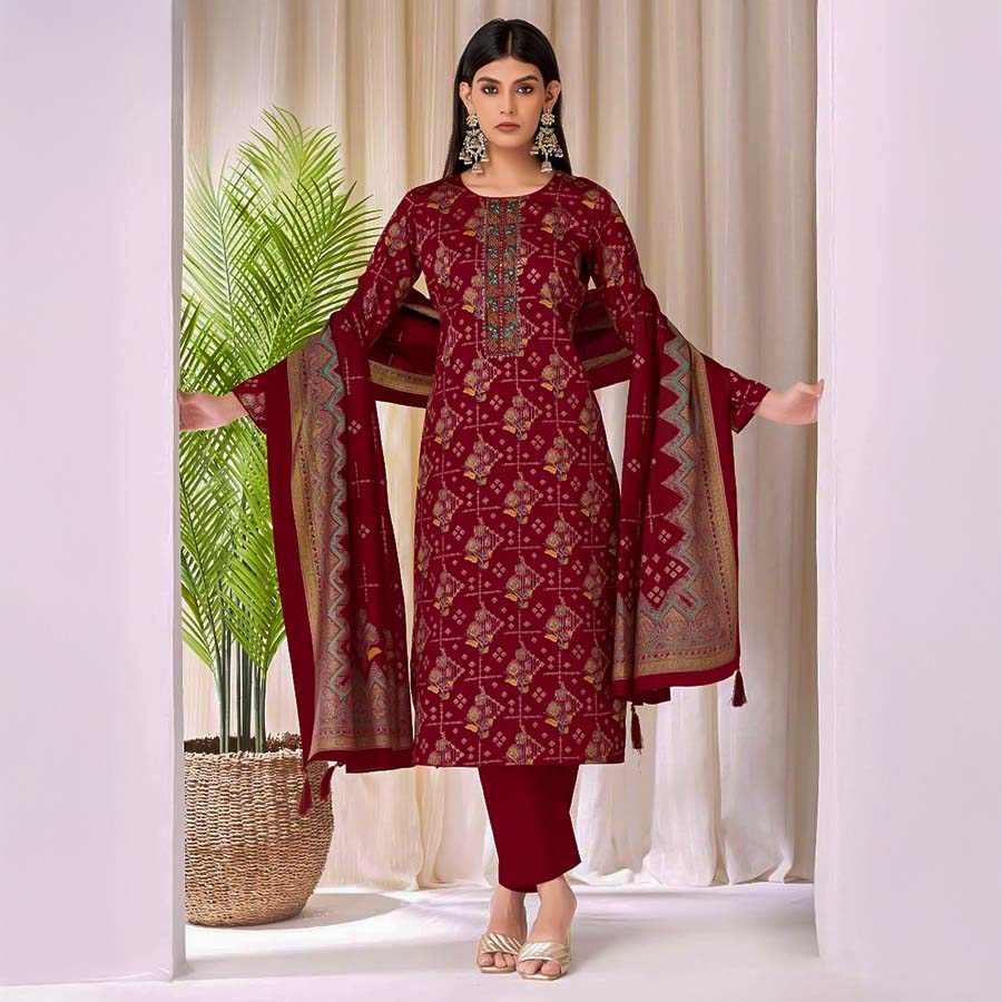 Red Jam Satin Casual Wear Salwar Kameez