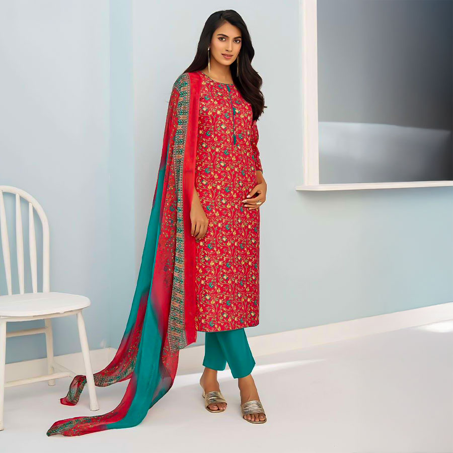 Red  Cambric Cotton Casual Wear Salwar Kameez