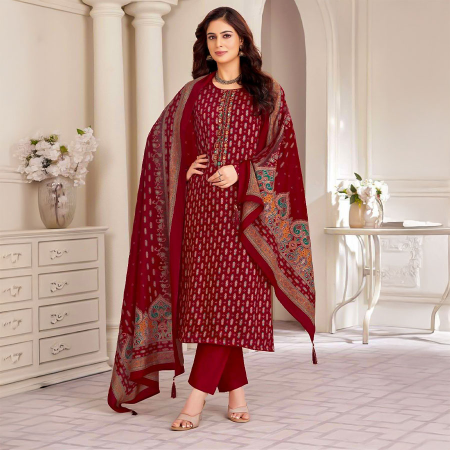 Red  Jam Satin Casual Wear Salwar Kameez