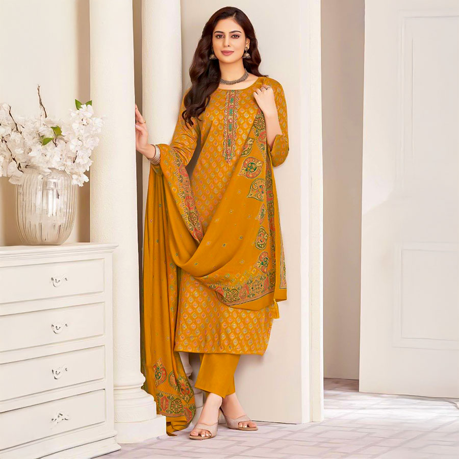 Yellow Jam Satin Casual Wear Salwar Kameez