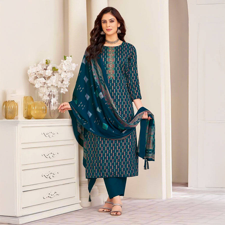 Blue Jam Satin Casual Wear Salwar Kameez