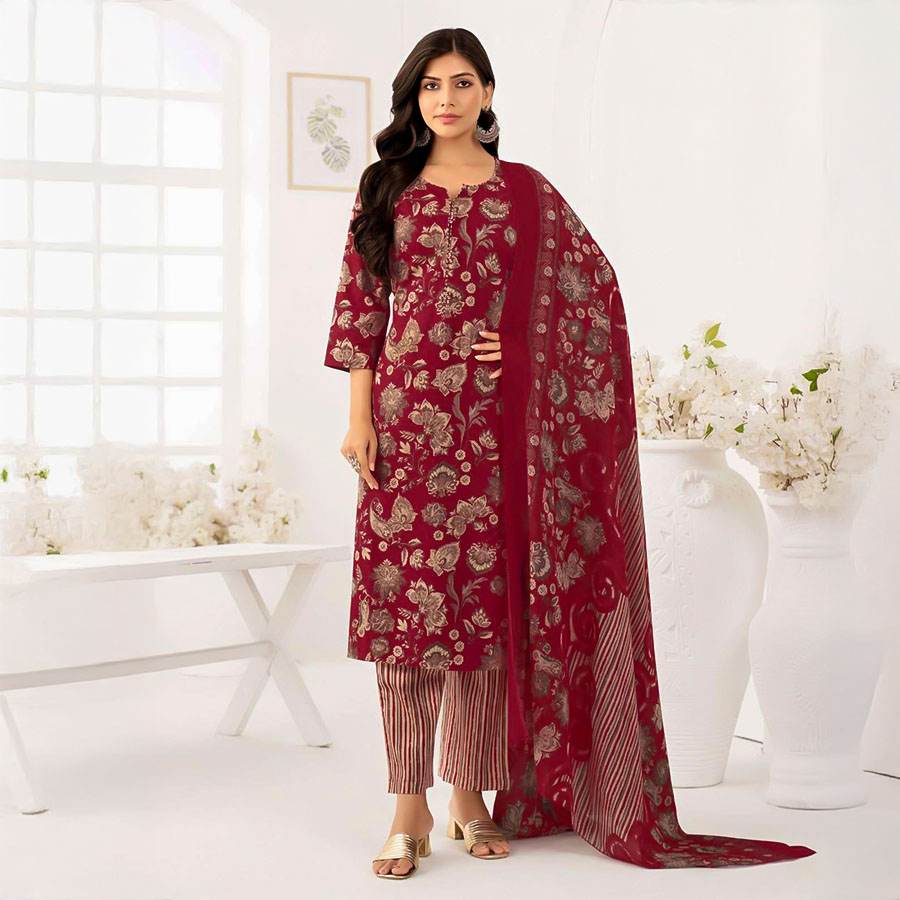 Red  Cotton  Casual Wear Salwar Kameez