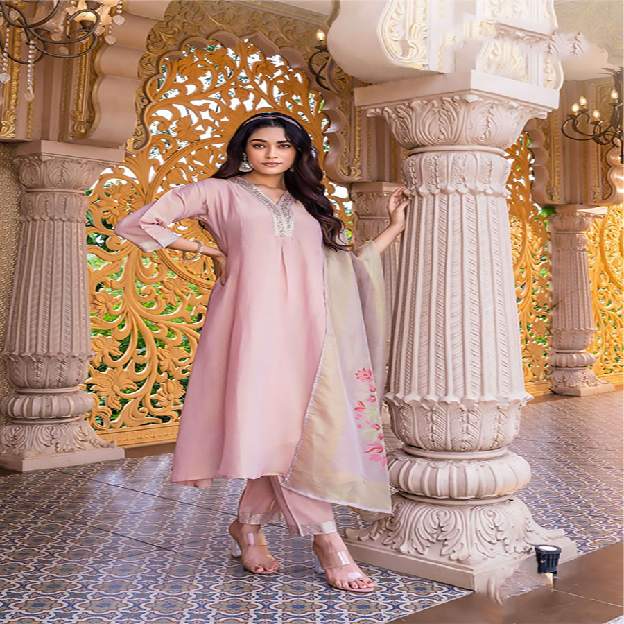 Light pink Tissue Anarkali Suit