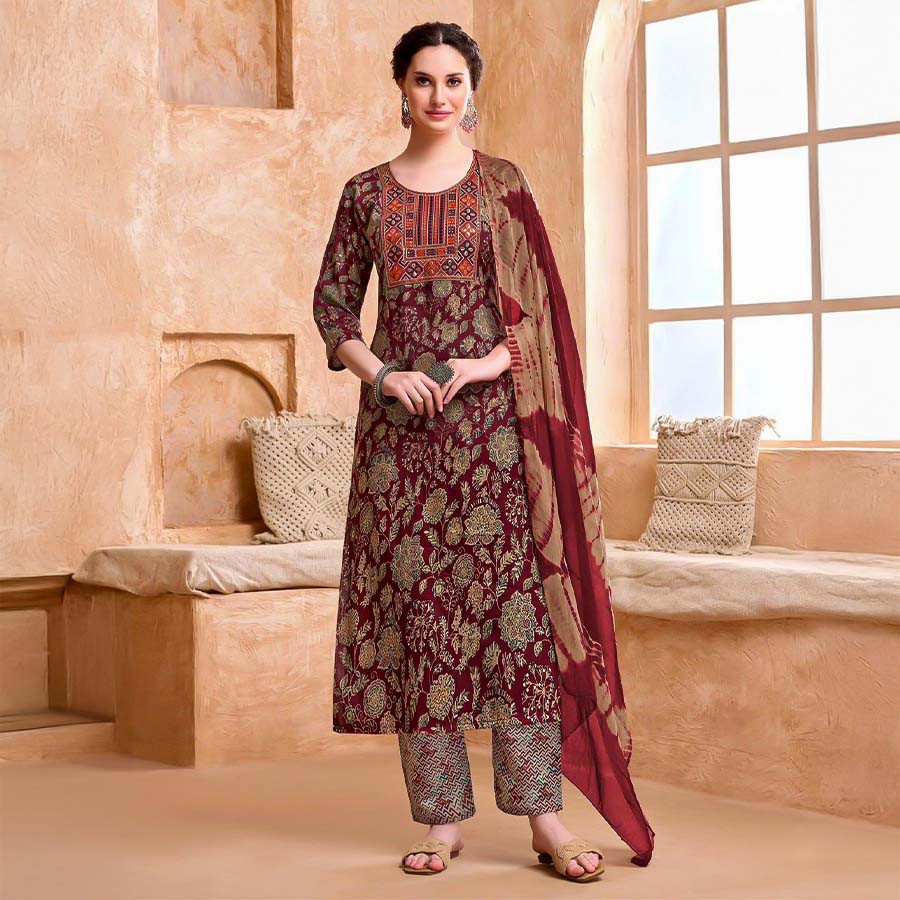 Brown  Rayon Casual Wear Salwar Kameez