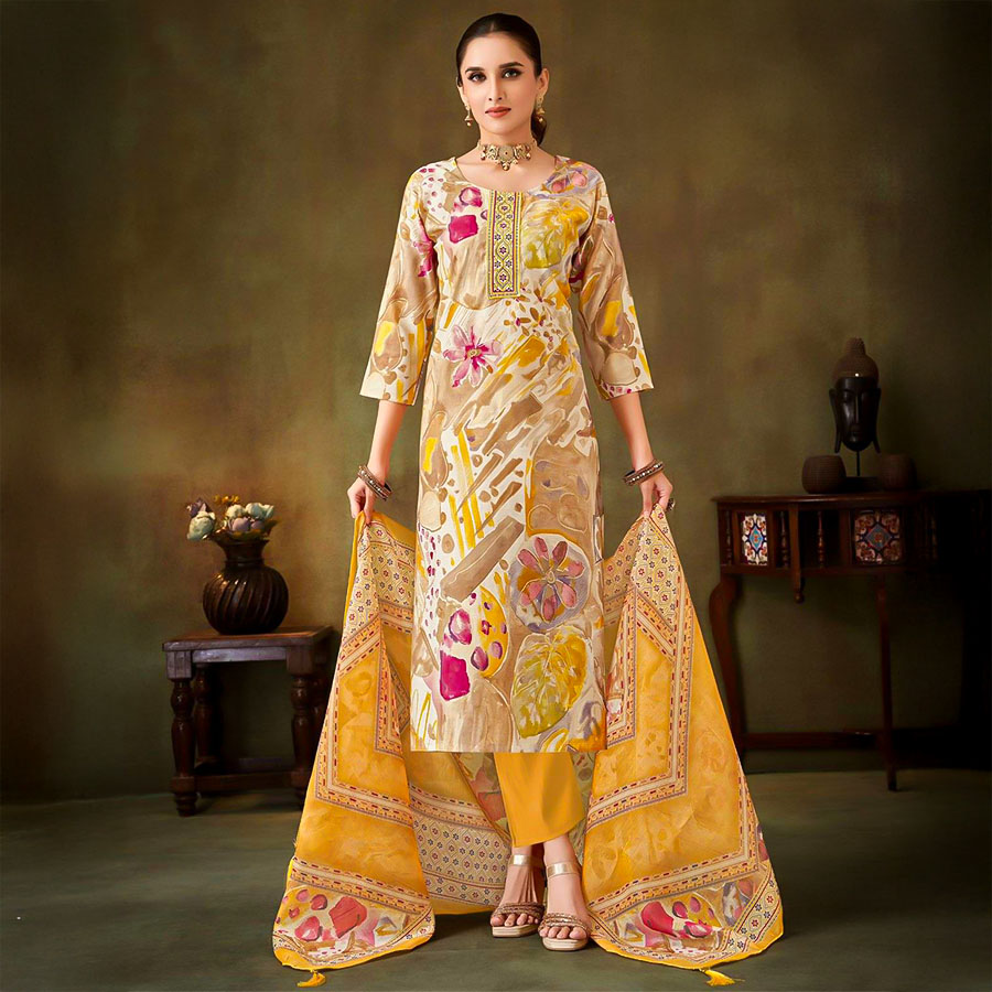 Yellow Muslin Casual Wear Salwar Kameez