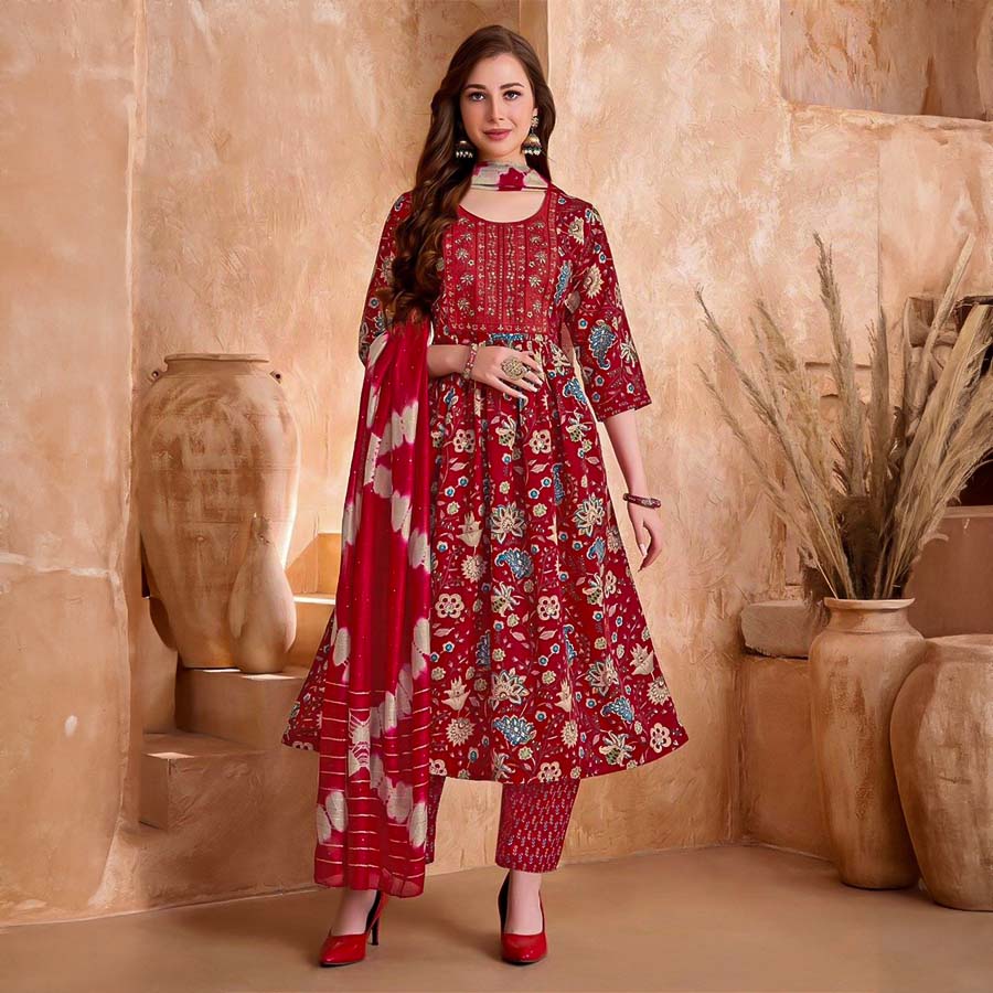 Red  Viscose Printed Salwar Kameez
