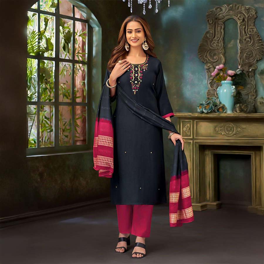 Black Vertican Silk Casual Wear Salwar Kameez