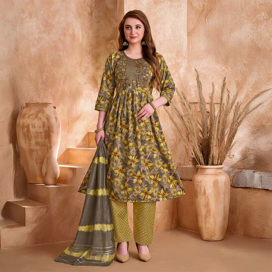 Yellow Viscose Printed Salwar Kameez