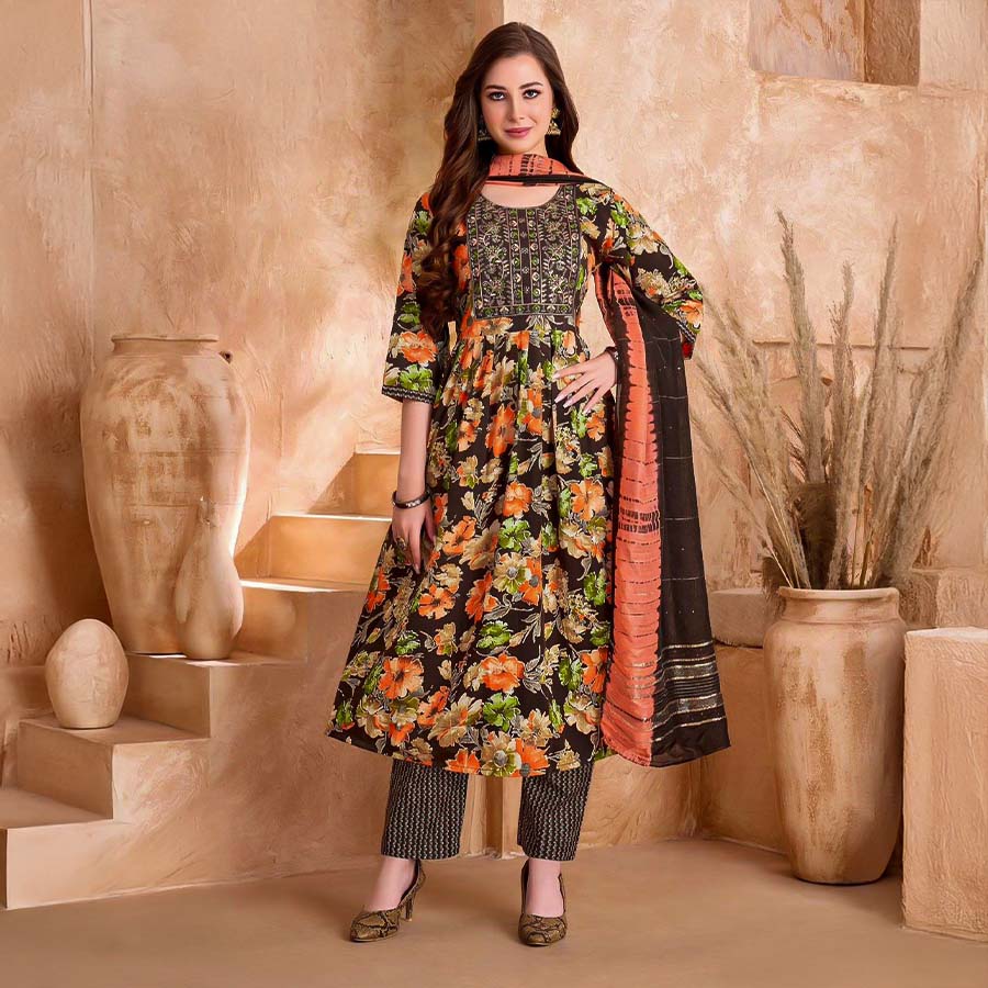 Brown Viscose Printed Salwar Kameez