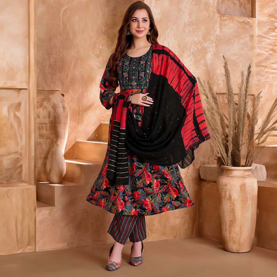 Red  Viscose Printed Salwar Kameez