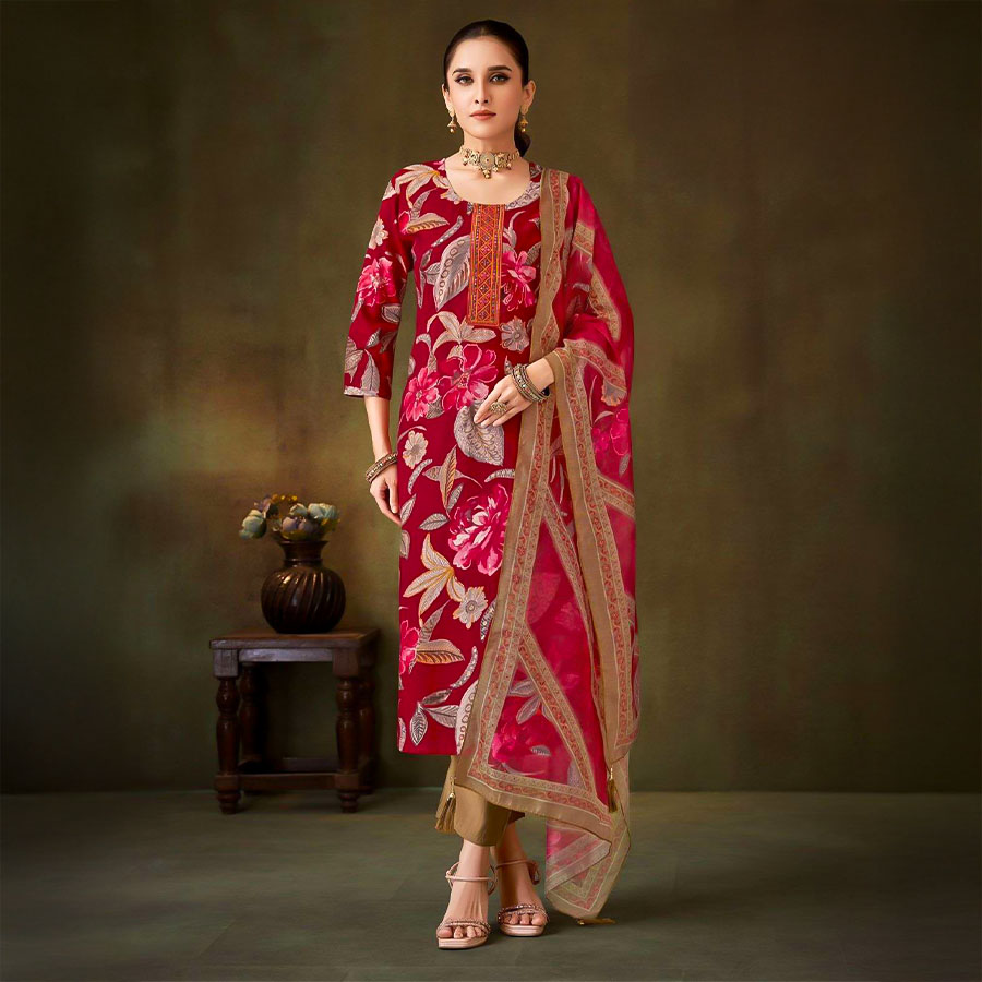 Red  Muslin Casual Wear Salwar Kameez