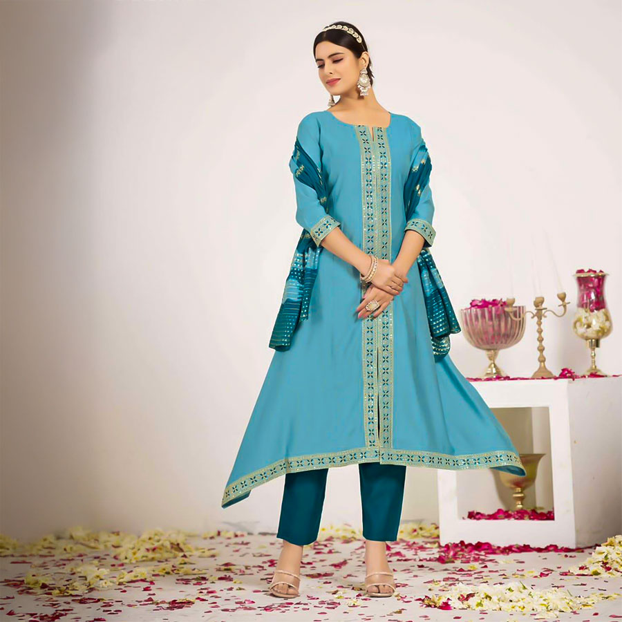 Blue Vertican Silk Casual Wear Kurti