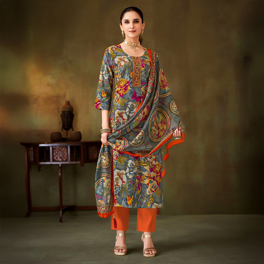 Grey Muslin Casual Wear Salwar Kameez