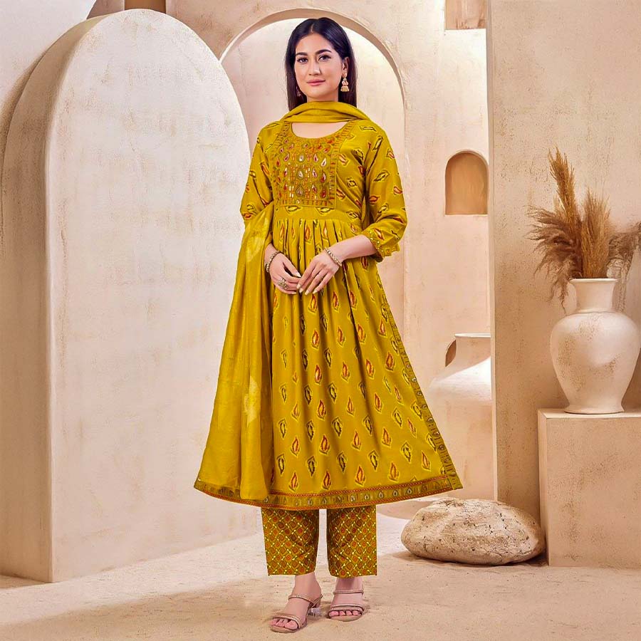 Yellow Capsule Rayon Casual Wear Salwar Kameez