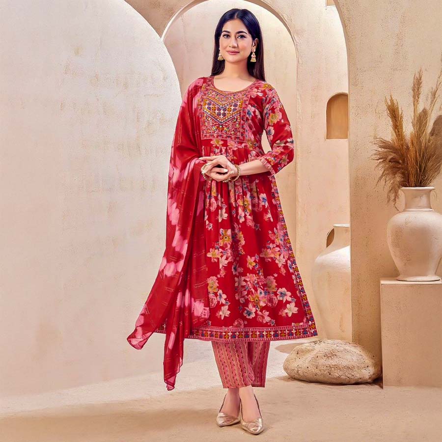 Red Capsule Rayon Casual Wear Salwar Kameez