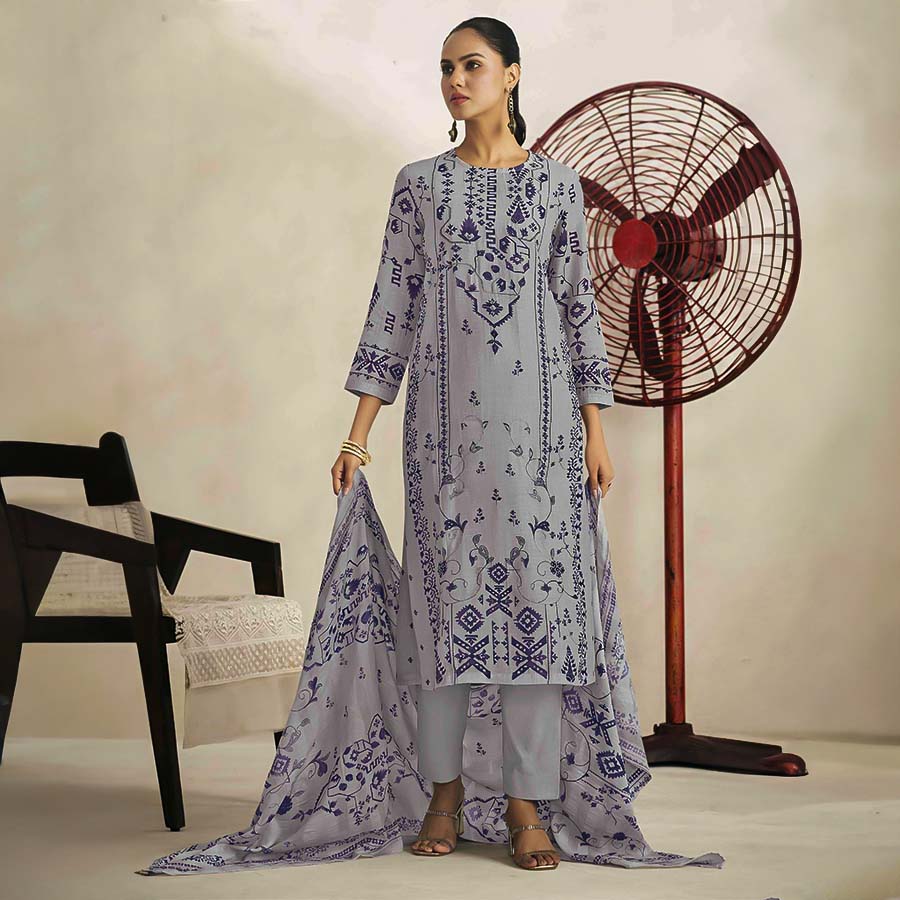 Grey Linen Party Wear Salwar Kameez