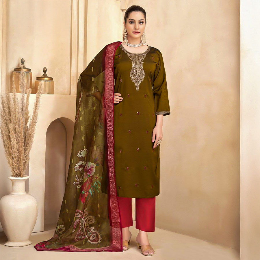 Olive Green Fancy Casual Wear Salwar Kameez