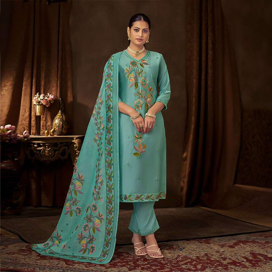Cyan Roman Casual Wear Salwar Kameez