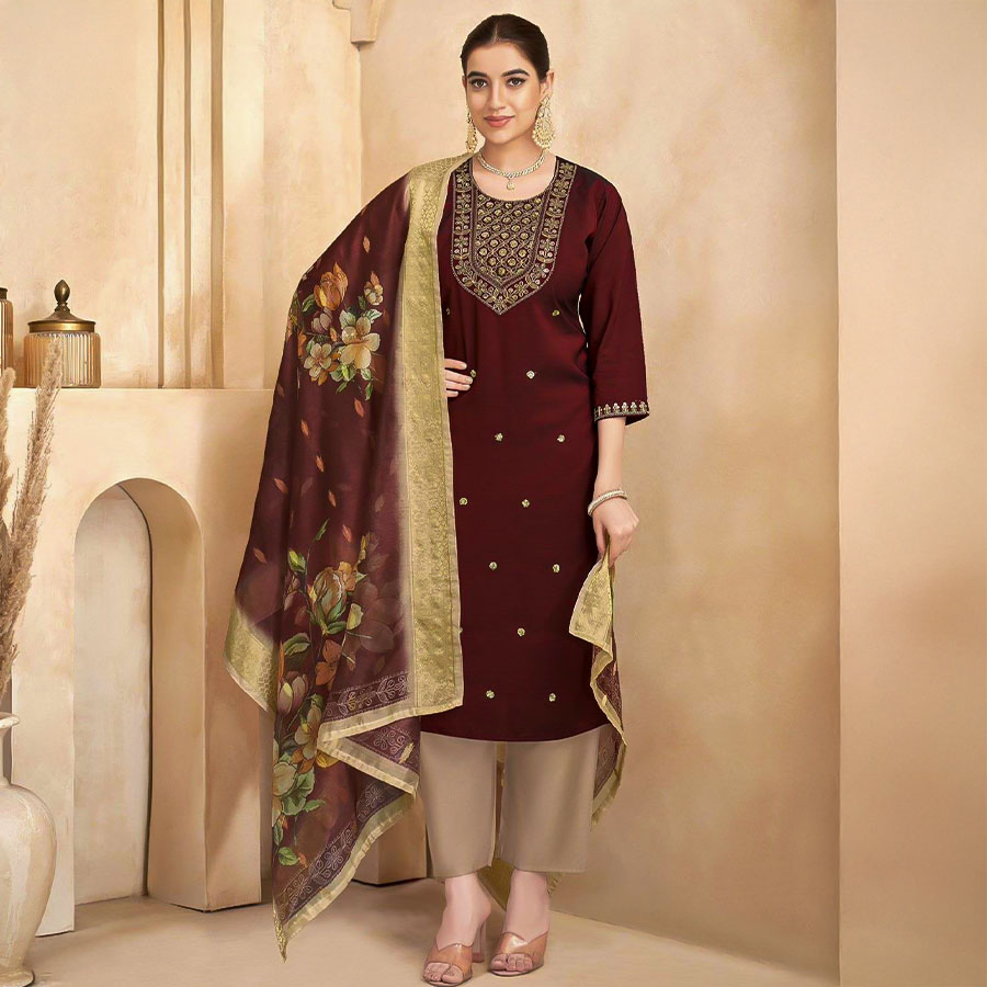 Brown Fancy Casual Wear Salwar Kameez