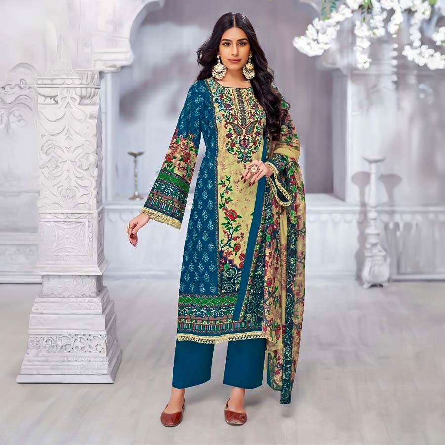 Blue Cotton Printed Salwar Kameez