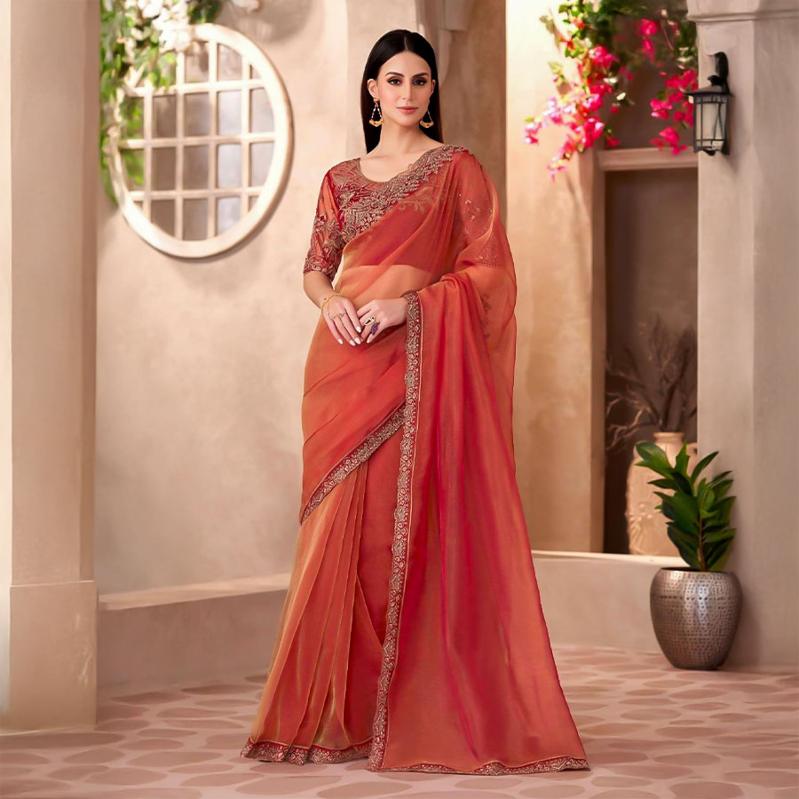 Orange  Fancy Party Wear Saree
