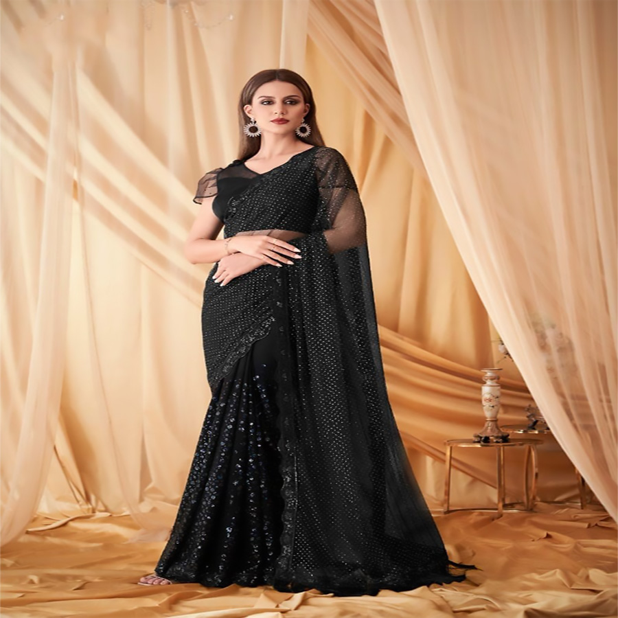 Black Net Georgette Partywear Saree