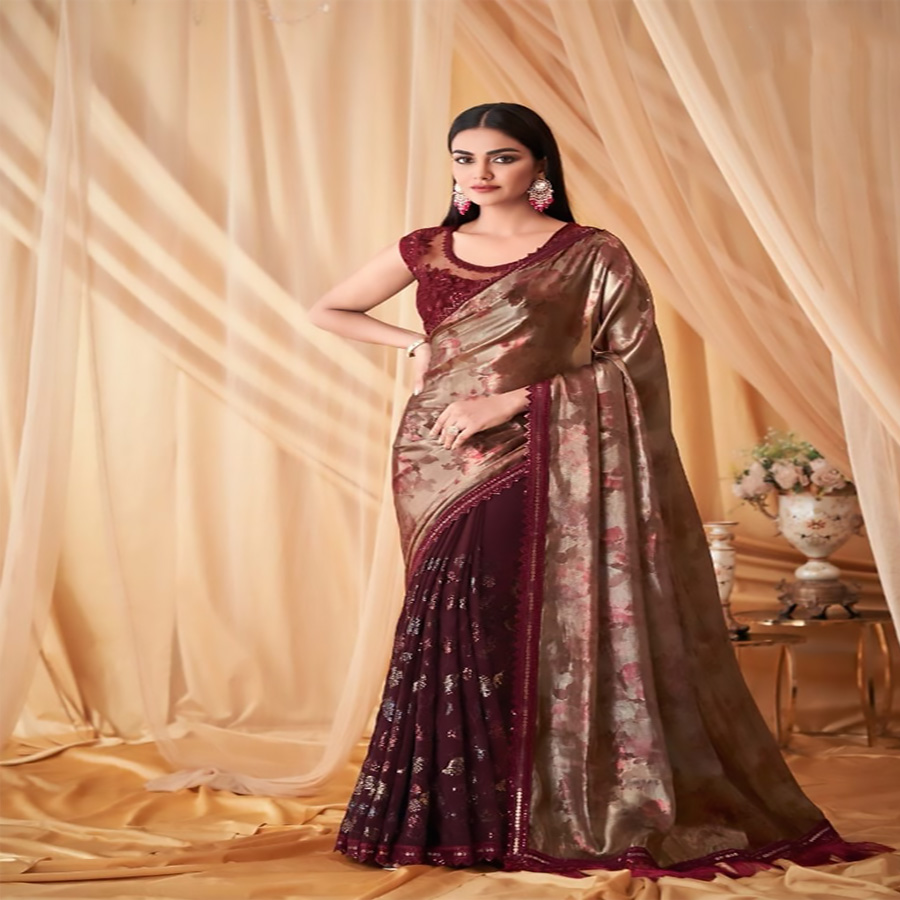 Maroon Georgette Silk Partywear Saree