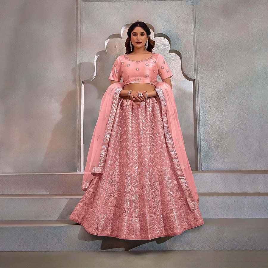 Peach Butterfly Net Designer Lehenga