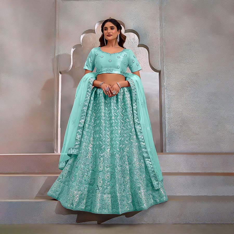 Cyan Butterfly Net Designer Lehenga