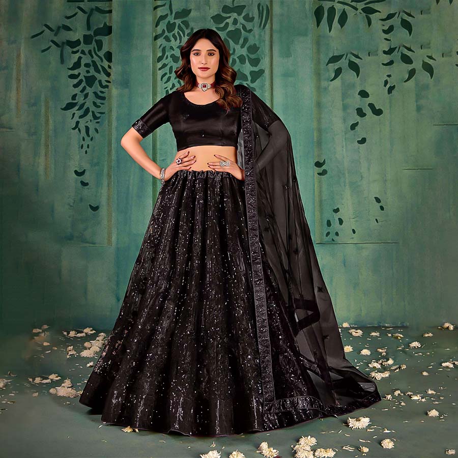 Black Butterfly Net Party Wear Lehenga