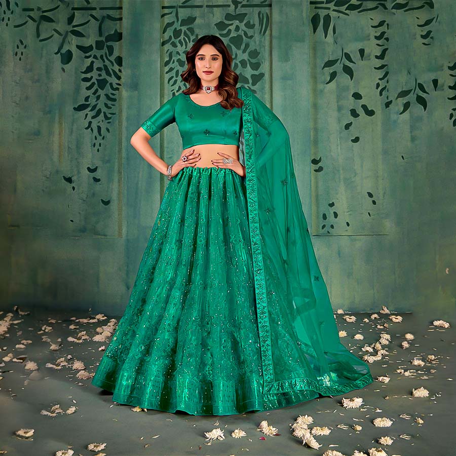 Green Butterfly Net Party Wear Lehenga