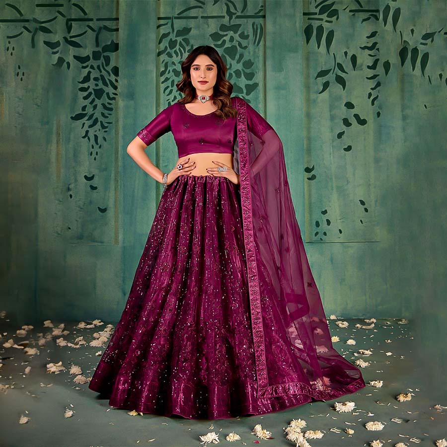 Magenta Butterfly Net Party Wear Lehenga