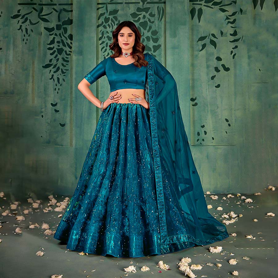 Blue Butterfly Net Party Wear Lehenga