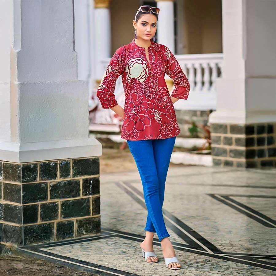 Red  Rayon Printed Kurti