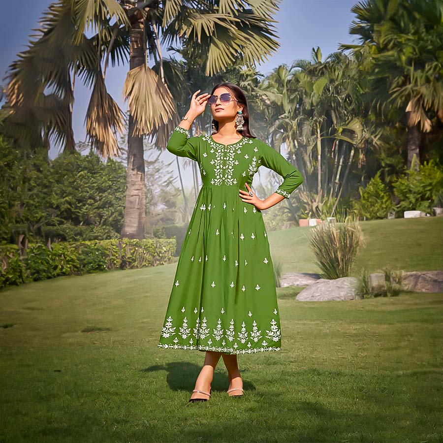 Green Rayon Casual Wear Kurti